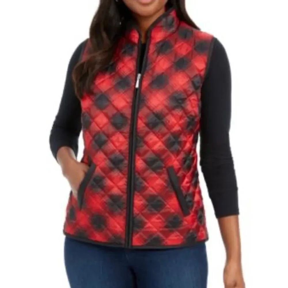 Karen Scott, women’s sport plaid, buffalo check, puffer vest, size sm